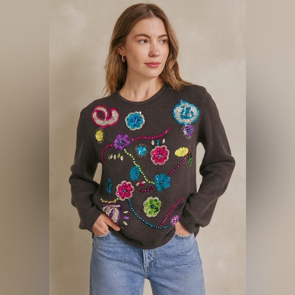 Vintage  Sweater Large Sequin Beaded Whimsigoth Floral Print